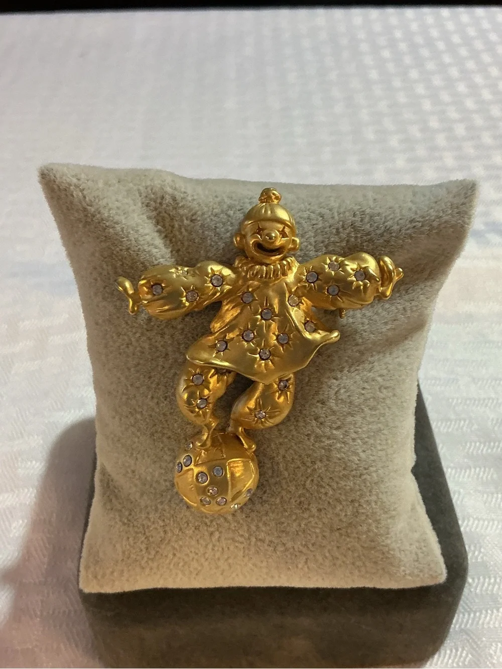 Clown on a Ball Articulated Balancing Rhinestone Gold Tone Brooch